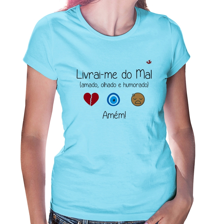 Baby Look Livrai-me do mal (amado, olhado e humorado) - Azul Bebê