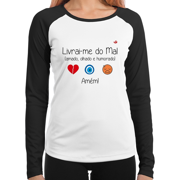 Baby Look Raglan Livrai-me do mal (amado, olhado e humorado) Manga Longa