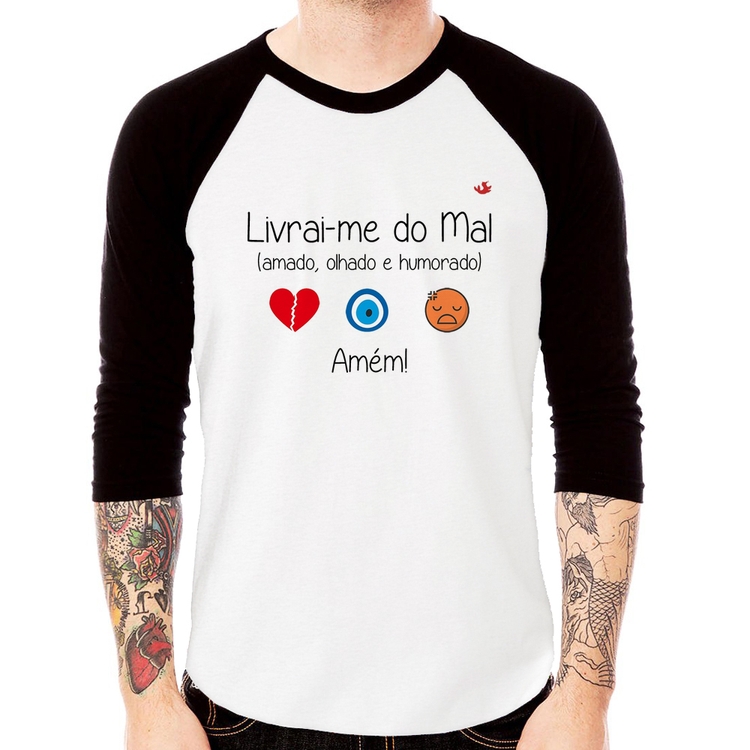 Camiseta Raglan Livrai-me do mal (amado, olhado e humorado) Manga 3/4