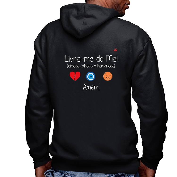 Blusa Moletom Livrai-me do mal (amado, olhado e humorado) Masculina com Capuz e Zíper