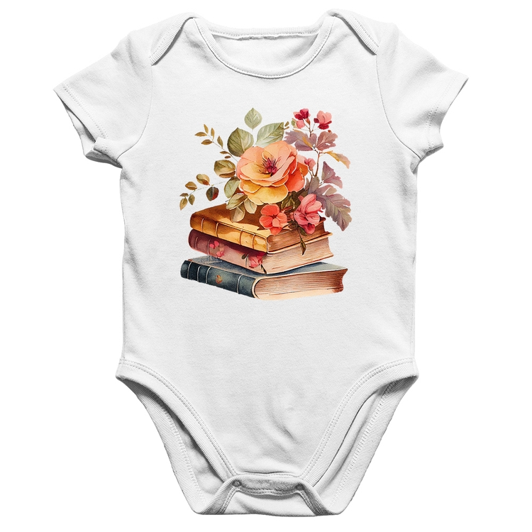 Body Bebê Algodão Livros e flores - Branco