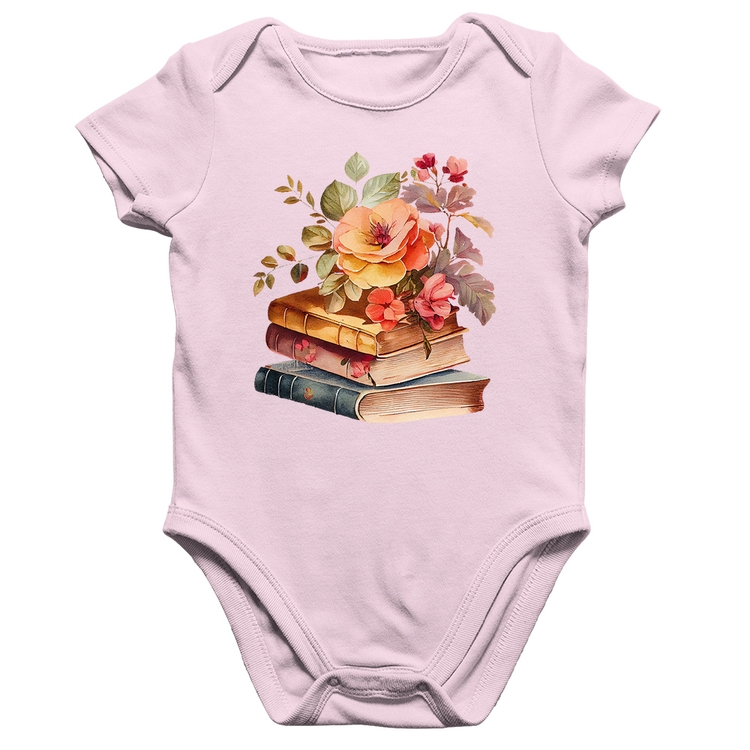 Body Bebê Algodão Livros e flores - Rosa Bebê