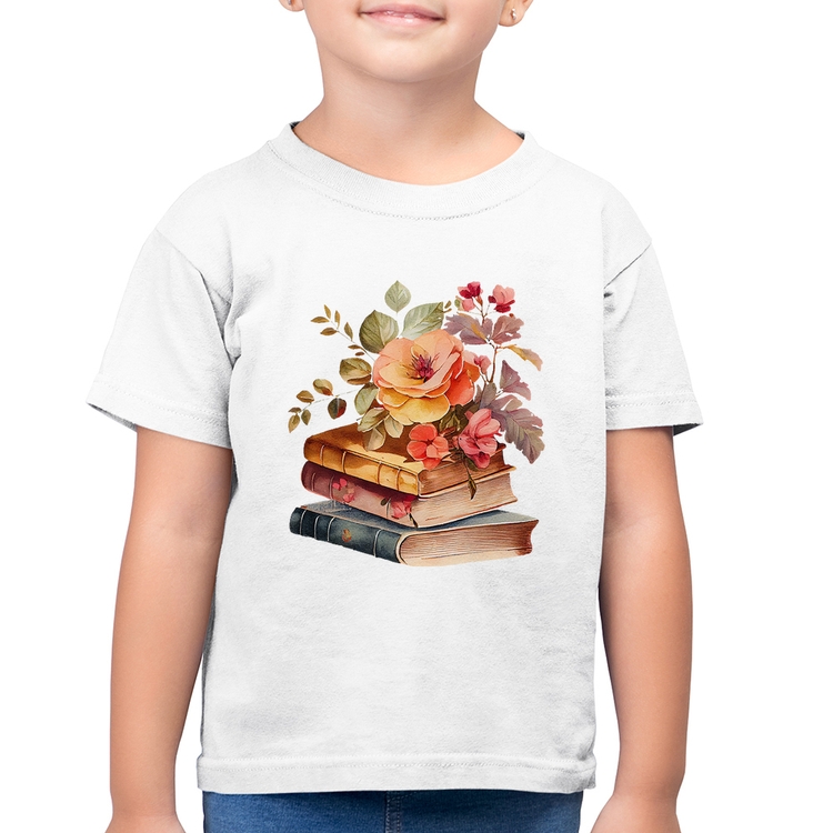Camiseta Algodão Infantil Livros e flores - Branca