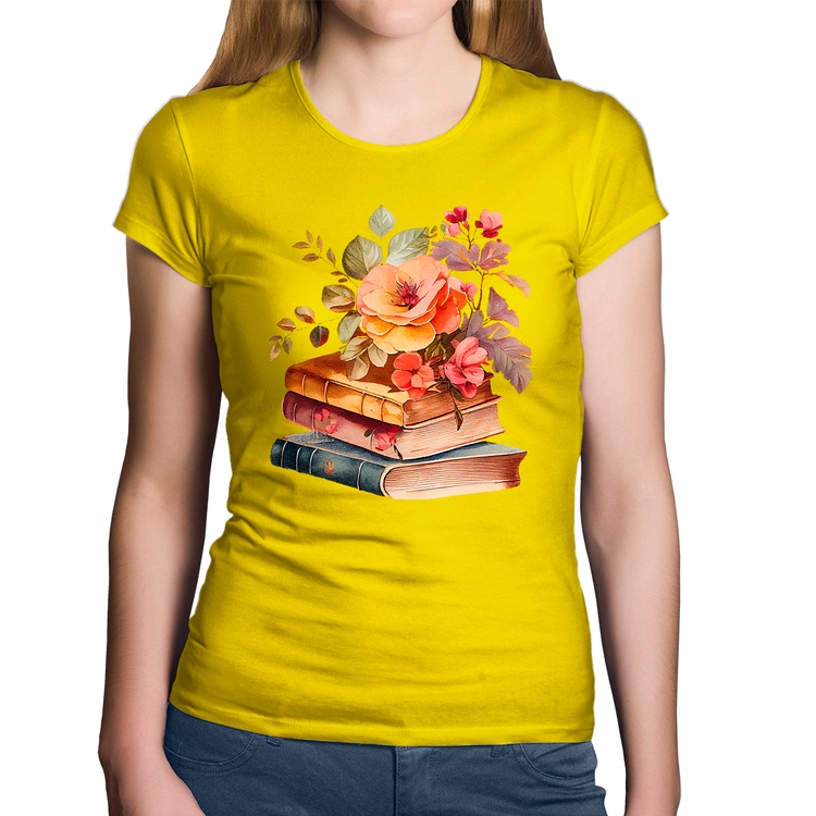 Baby Look Algodão Livros e flores - Amarela