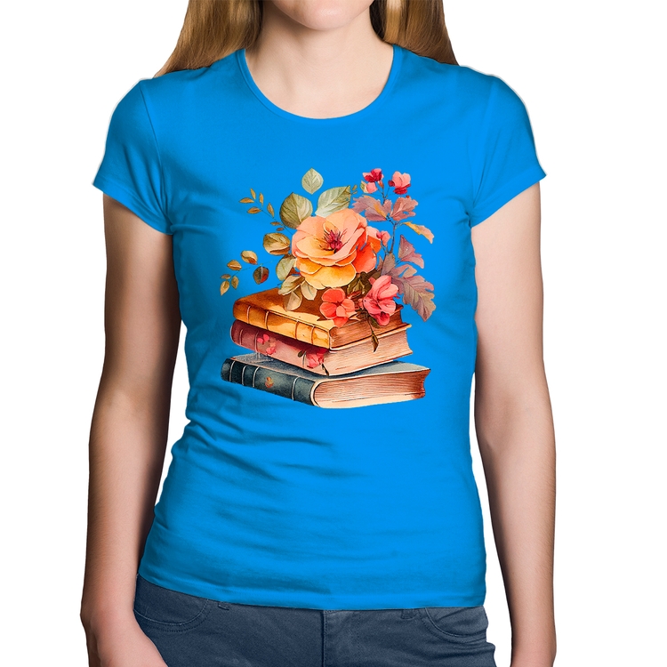 Baby Look Algodão Livros e flores - Azul