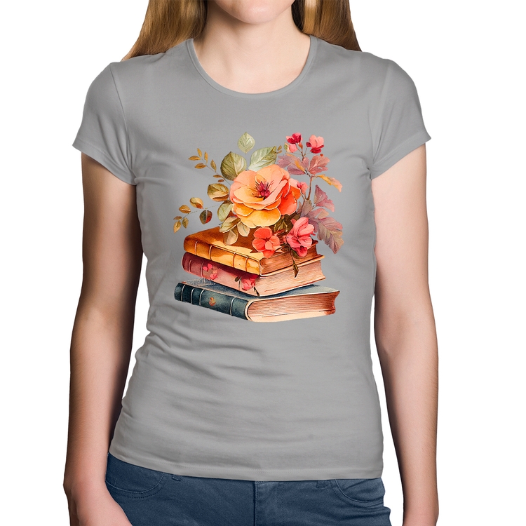 Baby Look Algodão Livros e flores - Cinza