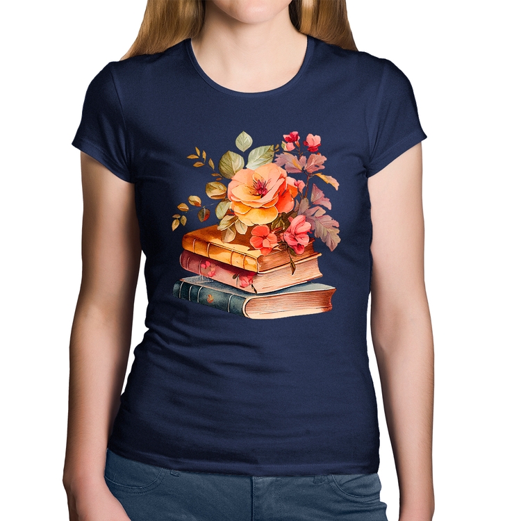 Baby Look Algodão Livros e flores - Marinho