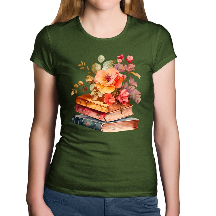 Baby Look Algodão Livros e flores - Musgo