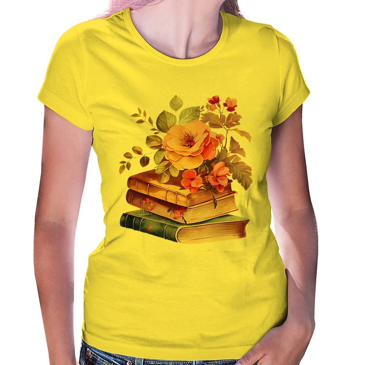 Baby Look Livros e flores - Amarela