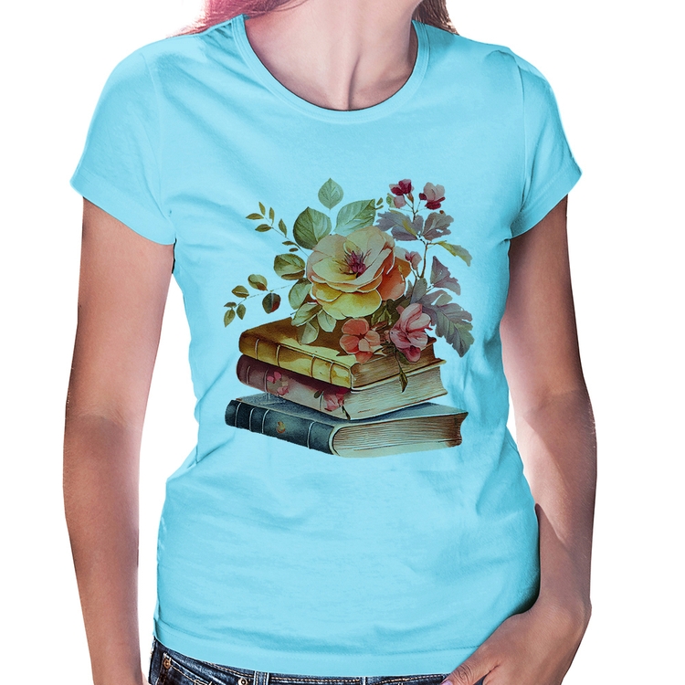 Baby Look Livros e flores - Azul Bebê