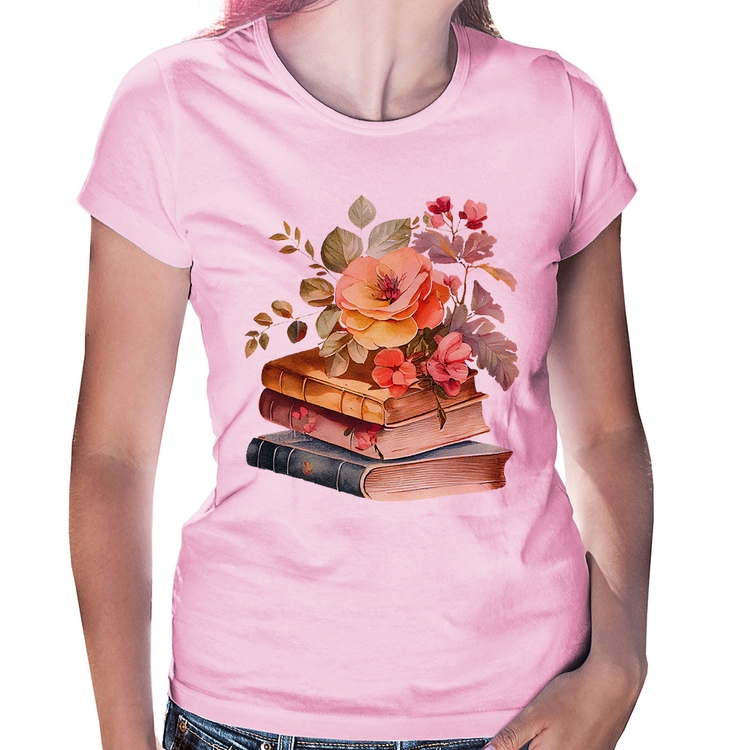 Baby Look Livros e flores - Rosa Bebê