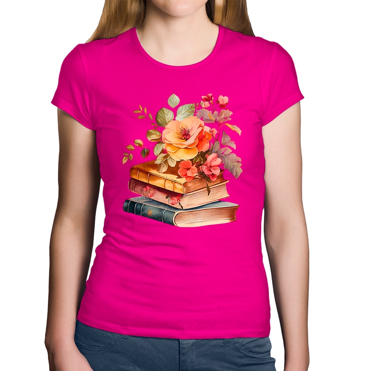 Baby Look Algodão Livros e flores - Rosa