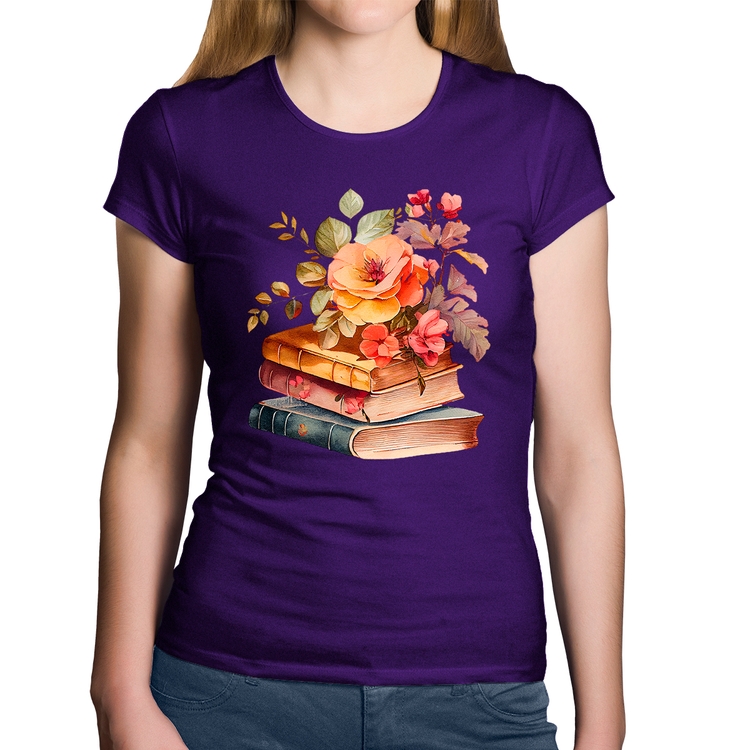 Baby Look Algodão Livros e flores - Roxa