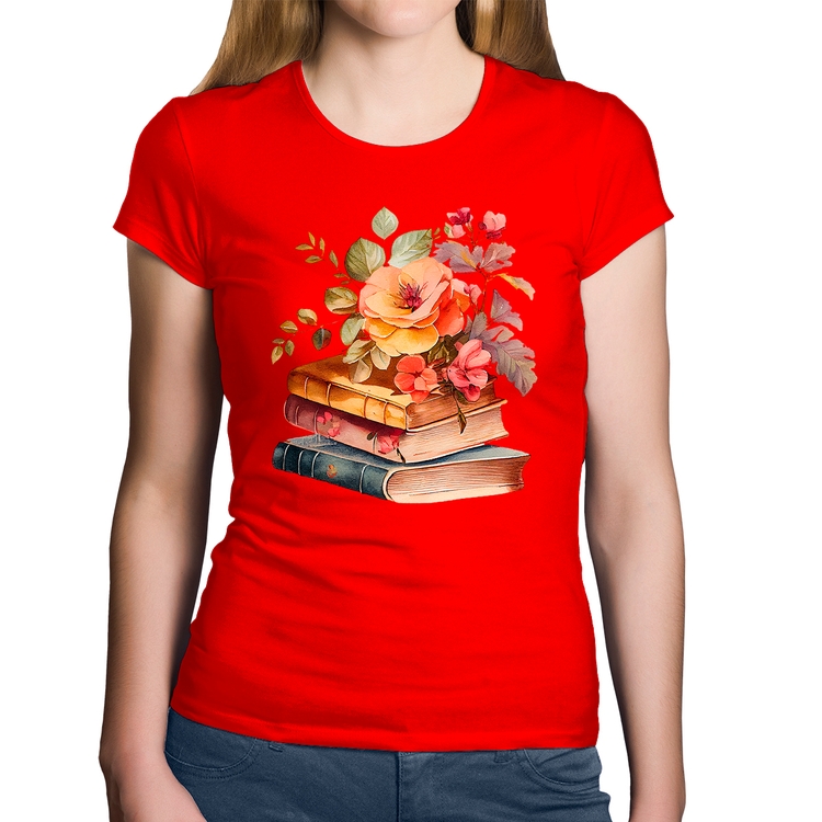 Baby Look Algodão Livros e flores - Vermelha