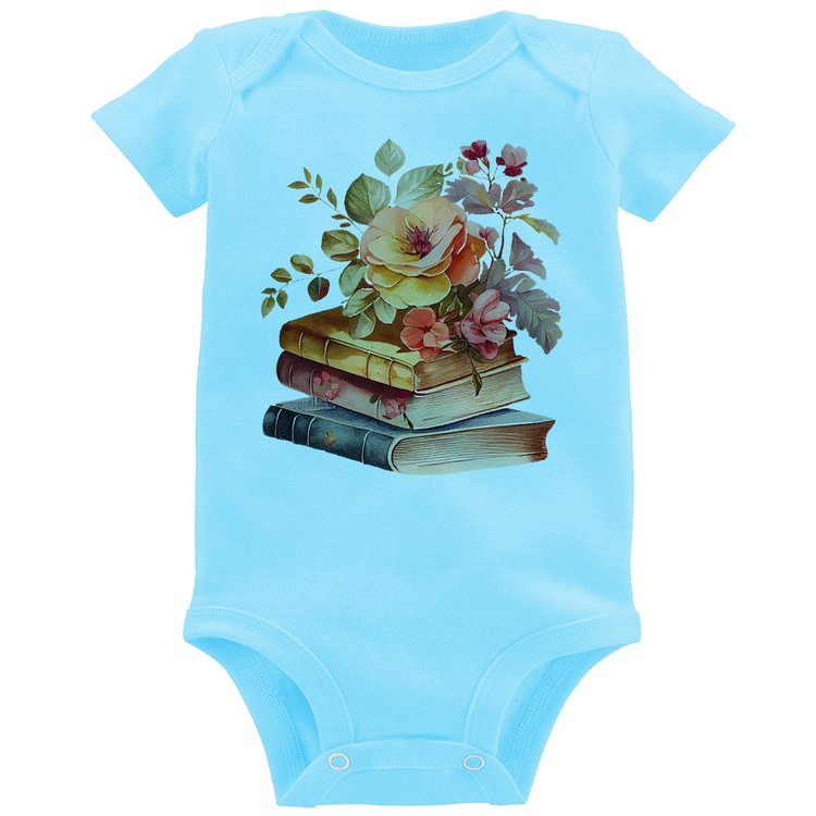 Body Bebê Livros e flores - Azul Bebê