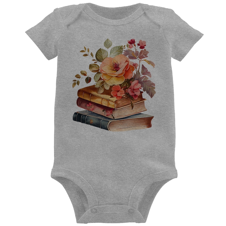 Body Bebê Livros e flores - Cinza