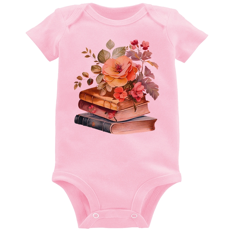 Body Bebê Livros e flores - Rosa Bebê