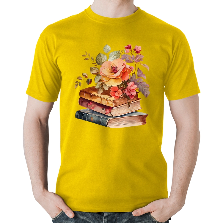 Camiseta Algodão Livros e flores - Amarela