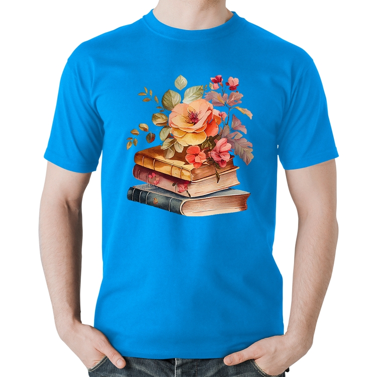 Camiseta Algodão Livros e flores - Azul