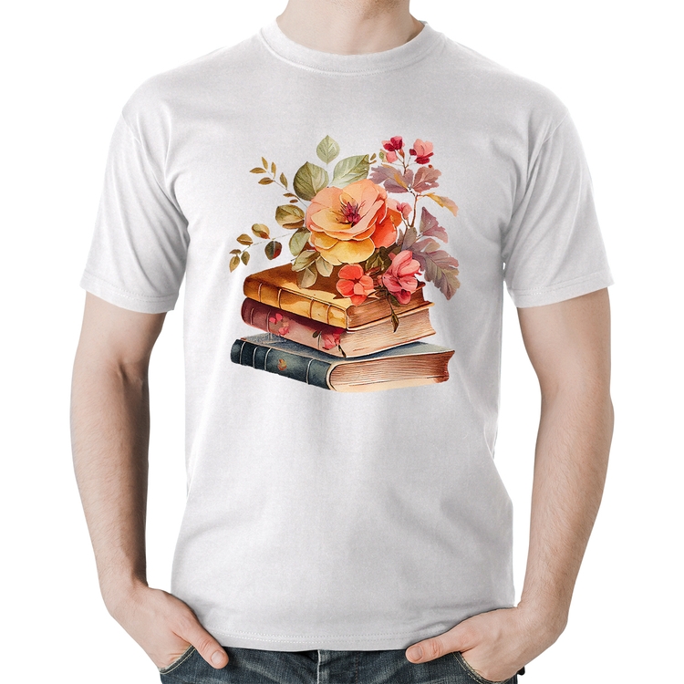 Camiseta Algodão Livros e flores - Branca