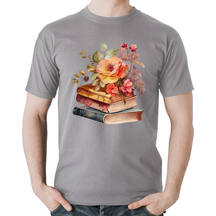 Camiseta Algodão Livros e flores - Cinza