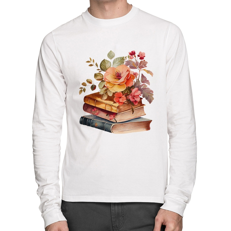 Camiseta Algodão Livros e flores Manga Longa - Branca
