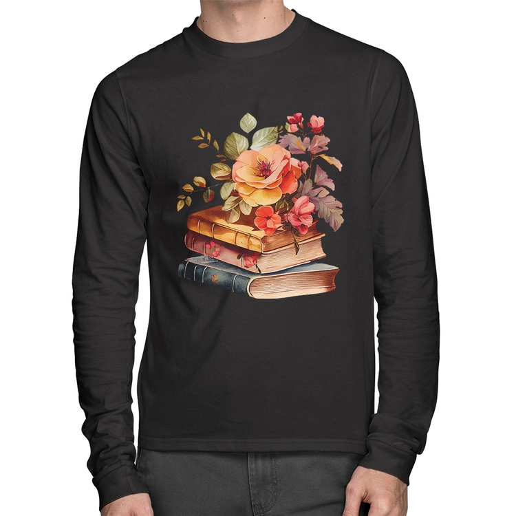 Camiseta Algodão Livros e flores Manga Longa