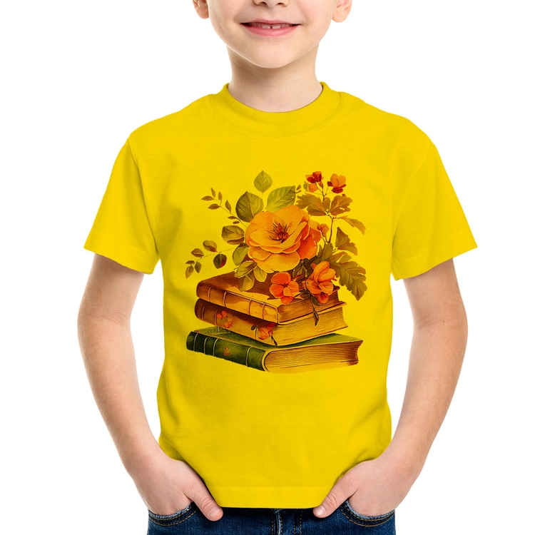 Camiseta Infantil Livros e flores - Amarela