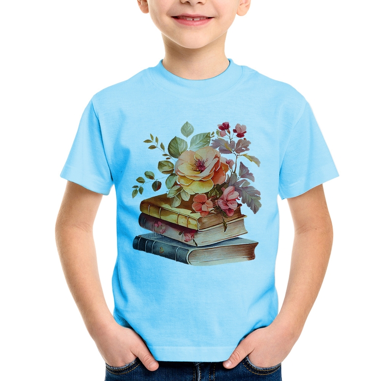 Camiseta Infantil Livros e flores - Azul Bebê
