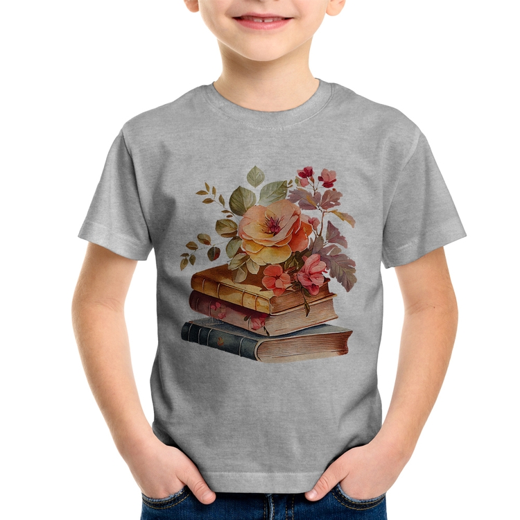 Camiseta Infantil Livros e flores - Cinza