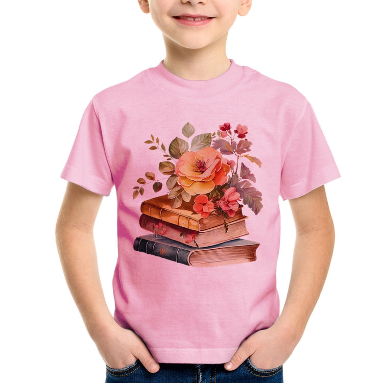 Camiseta Infantil Livros e flores - Rosa Bebê