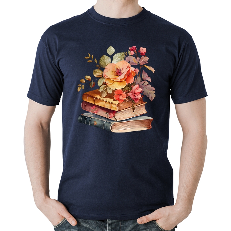 Camiseta Algodão Livros e flores - Marinho
