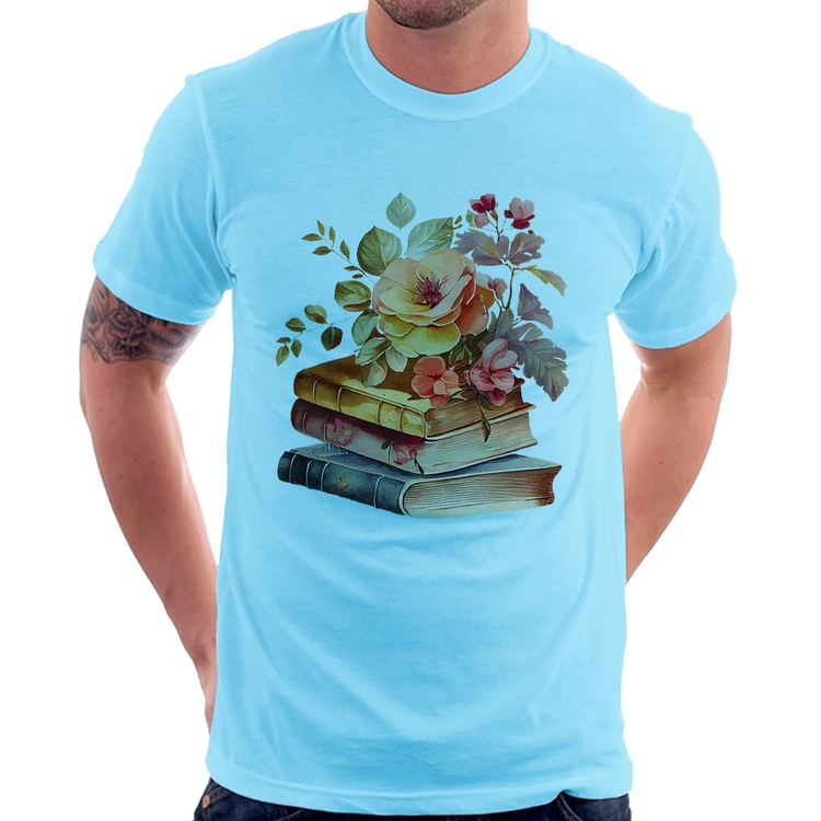 Camiseta Livros e flores - Azul Bebê