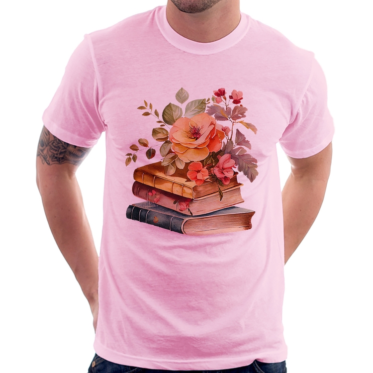Camiseta Livros e flores - Rosa Bebê