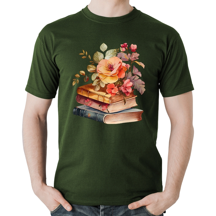 Camiseta Algodão Livros e flores - Musgo