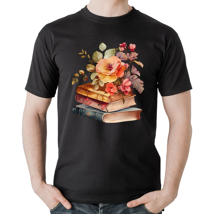 Camiseta Algodão Livros e flores