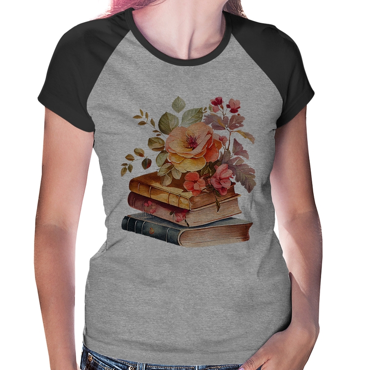 Baby Look Raglan Livros e flores - Cinza/Preto