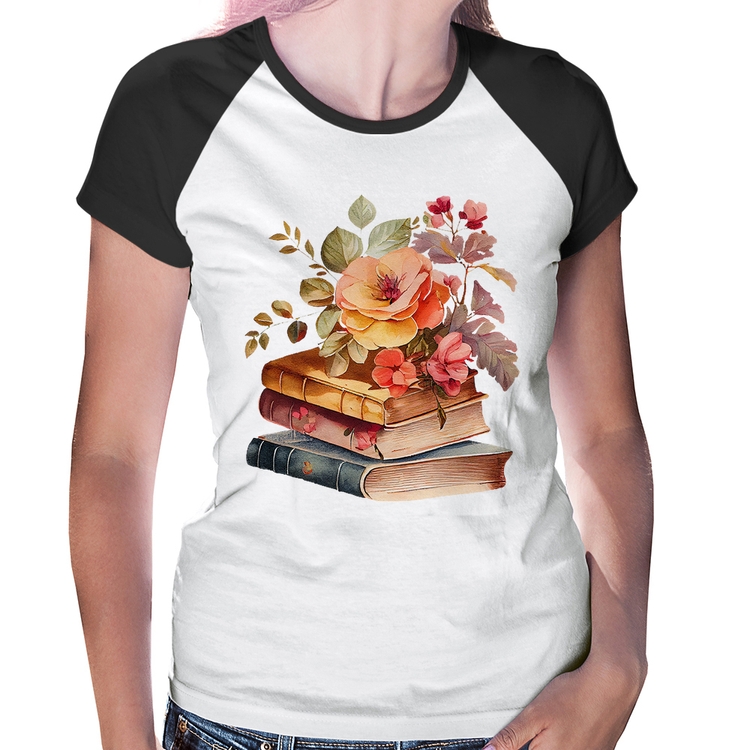 Baby Look Raglan Livros e flores