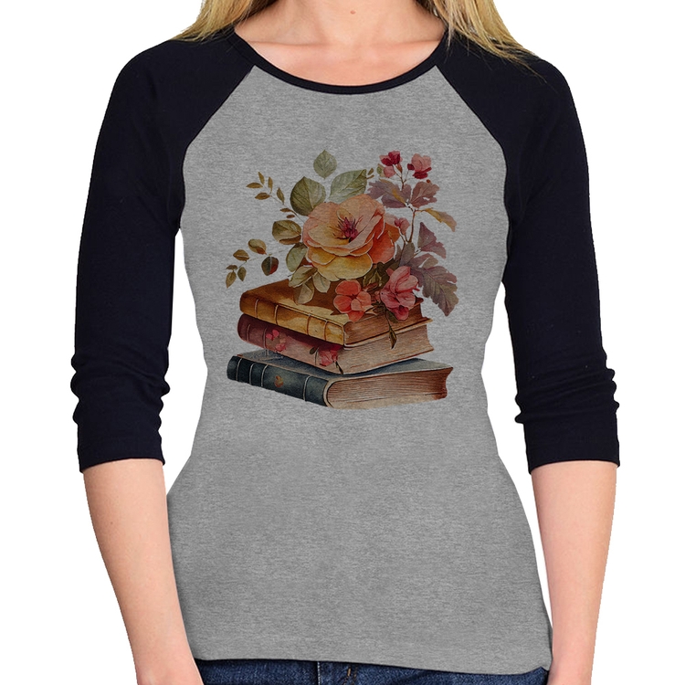 Baby Look Raglan Livros e flores Manga 3/4 - Cinza/Preto