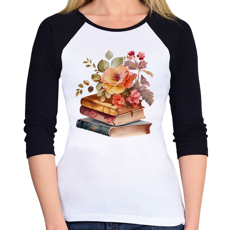Baby Look Raglan Livros e flores Manga 3/4