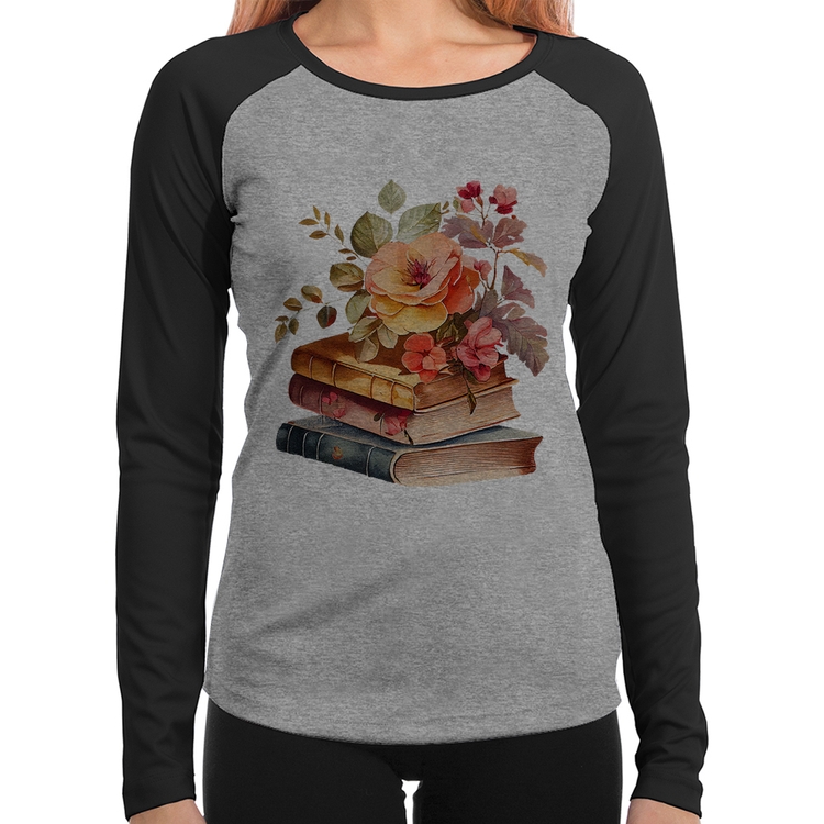 Baby Look Raglan Livros e flores Manga Longa - Cinza/Preto