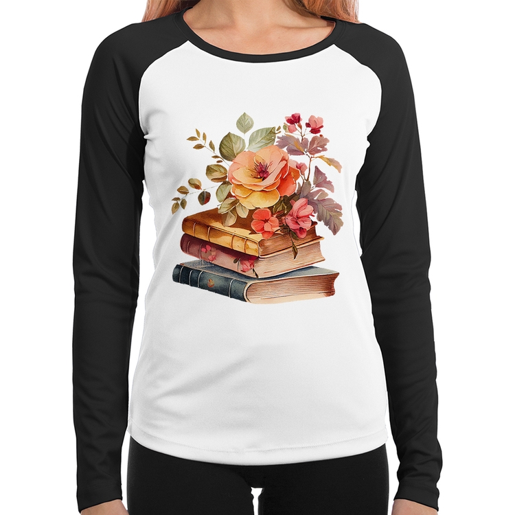 Baby Look Raglan Livros e flores Manga Longa