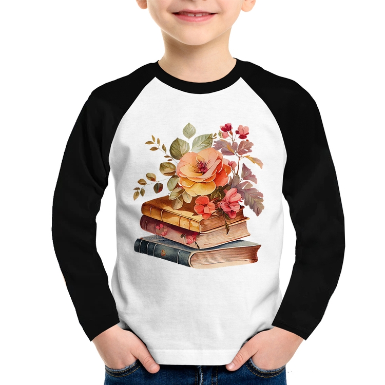 Camiseta Raglan Infantil Livros e flores Manga Longa
