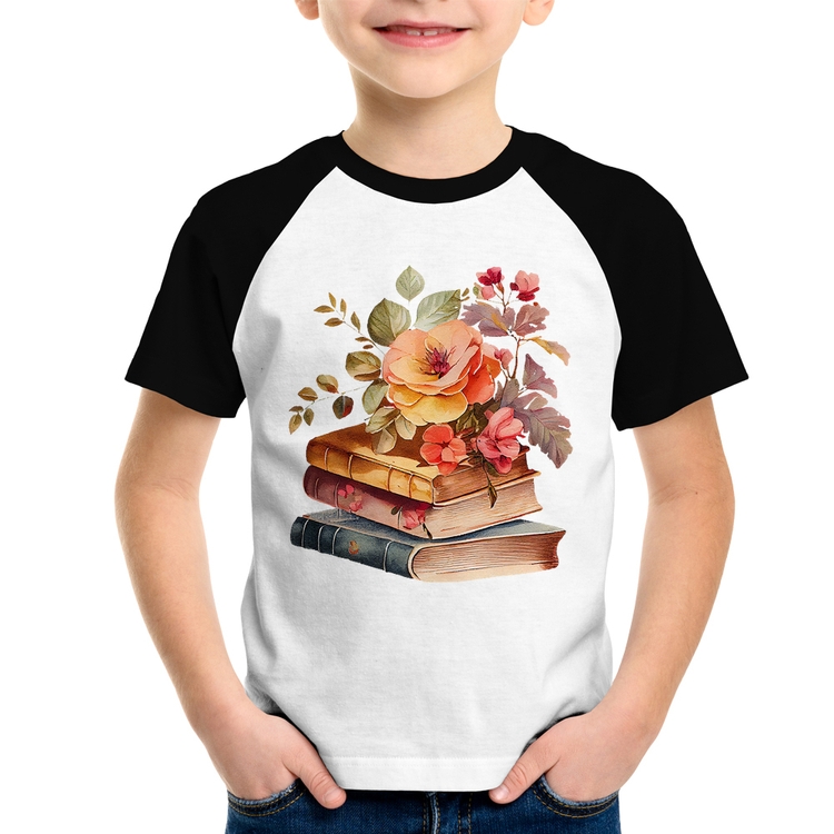 Camiseta Raglan Infantil Livros e flores