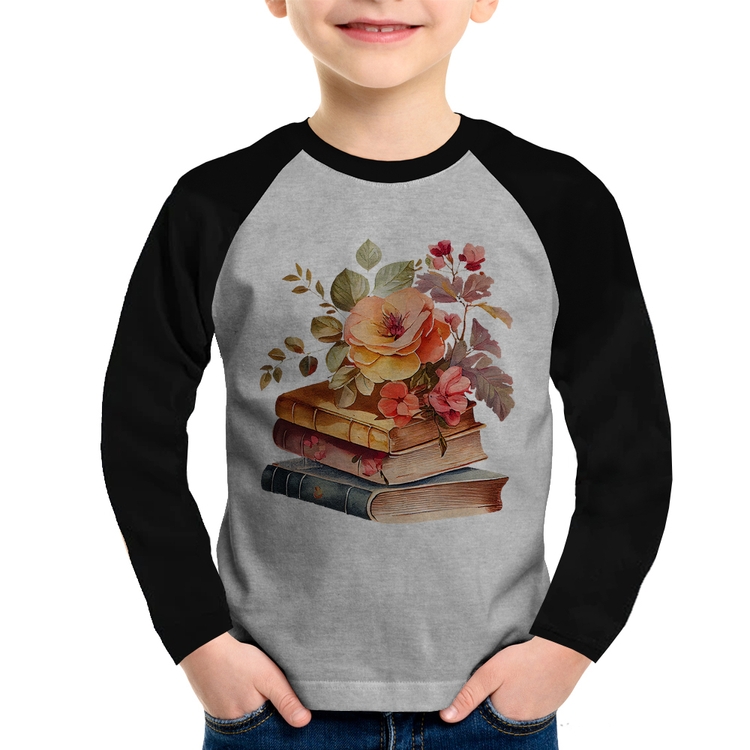Camiseta Raglan Infantil Livros e flores Manga Longa - Cinza/Preto