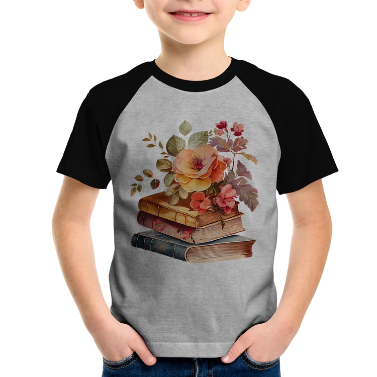 Camiseta Raglan Infantil Livros e flores - Cinza/Preto