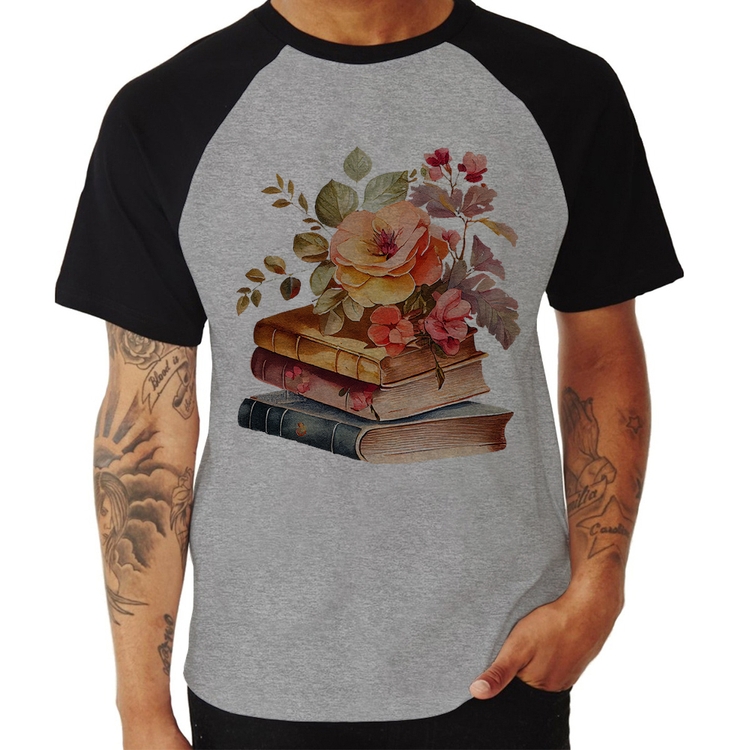 Camiseta Raglan Livros e flores - Cinza/Preto