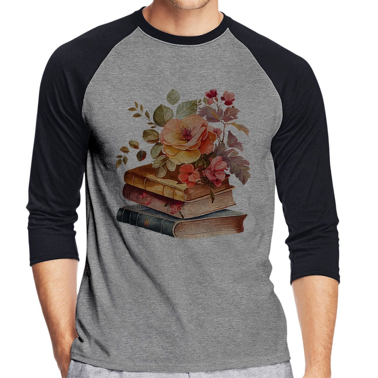 Camiseta Raglan Livros e flores Manga 3/4 - Cinza/Preto