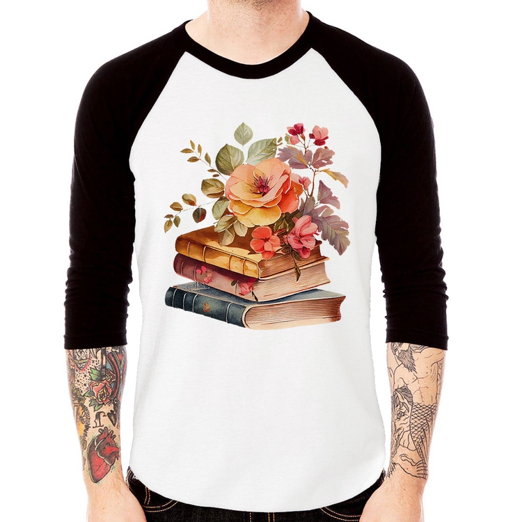 Camiseta Raglan Livros e flores Manga 3/4