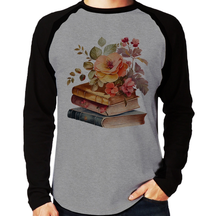Camiseta Raglan Livros e flores Manga Longa - Cinza/Preto